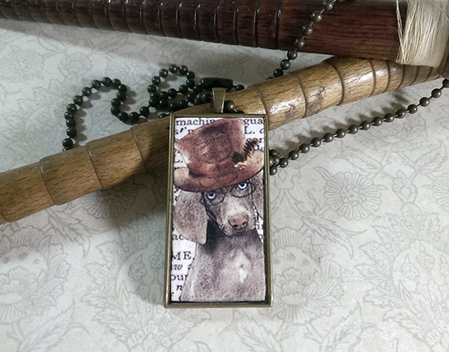 Steampunk Necklace: Brass Rectangle, Steampunk Dog Pendant - Incisive Weimeraner