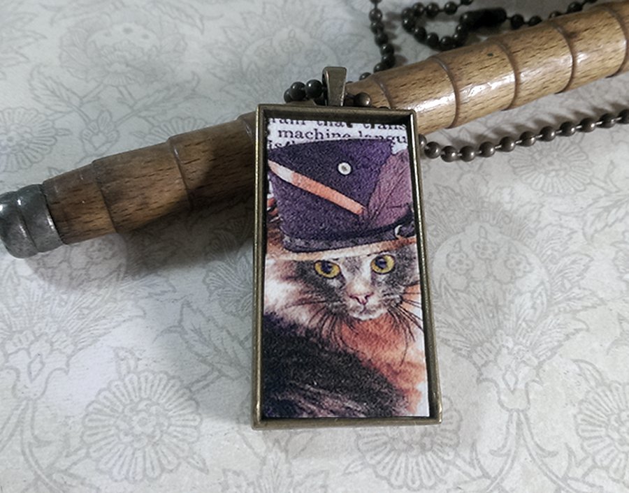 Steampunk Necklace: Brass Rectangle, Steampunk Cat Pendant - Estimable Maine Coon Cat