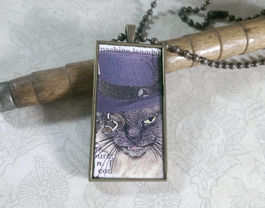 Steampunk Necklace: Brass Rectangle, Steampunk Cat Pendant - Irascible Russian Blue Cat
