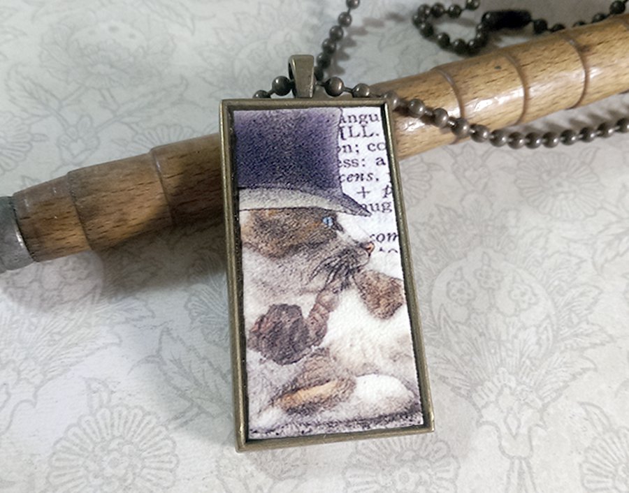 Steampunk Necklace: Brass Rectangle, Steampunk Cat Pendant - Argute Calico Cat