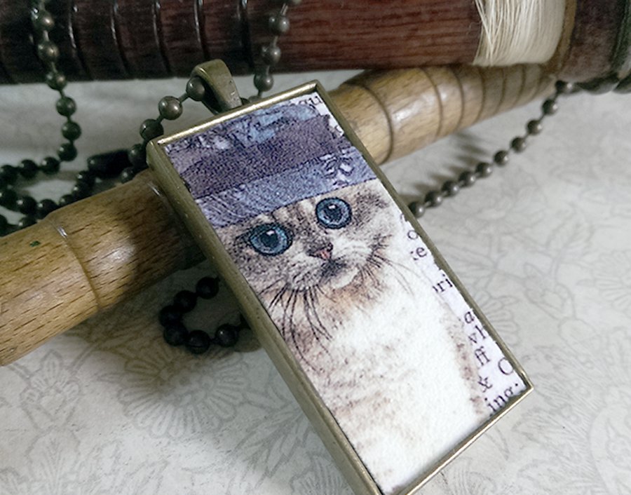 Steampunk Necklace: Brass Rectangle, Steampunk Cat Pendant - Enchanting Persian Cat