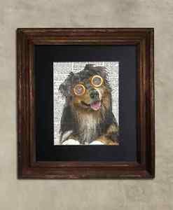 Steampunk Dog - Dictionary Art: Joyous Australian Shepherd in Vintage Glasses