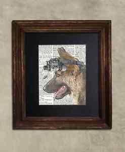 Steampunk Dog - Dictionary Art: Vigilant German Shepherd in Night Vision Goggles