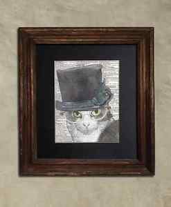 Steampunk Cat - Dictionary Art: Perspicacious Grey & White Cat in Top Hat