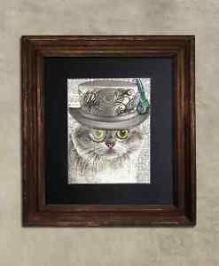 Steampunk Cat - Dictionary Art: Demure British Shorthair Cat in Frilly Hat