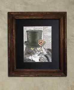 Steampunk Cat - Dictionary Art: Cordial Steampunk Maine Coon Cat in Top Hat