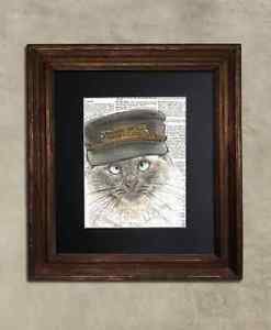 Steampunk Cat - Dictionary Art: Empirical Birman Cat in Vintage Conductor Cap