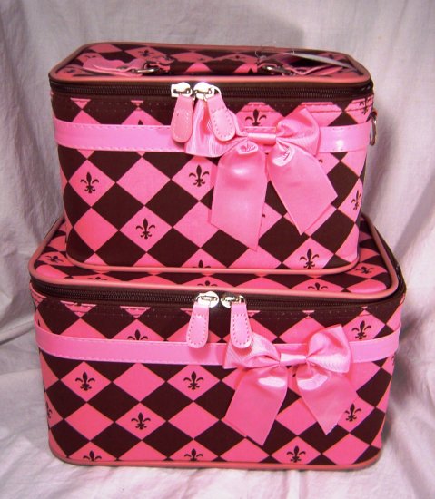 Pink and Brown Cosmetic Train Case Set