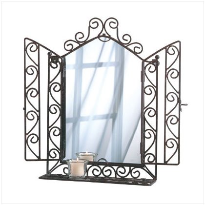WROUGHT IRON WALL MIRROR/SHELF