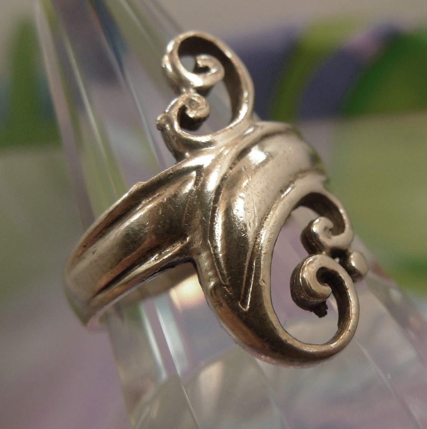 Size 9 Ring : Vintage Tall Sterling 925 Silver Swirling Art Deco Design