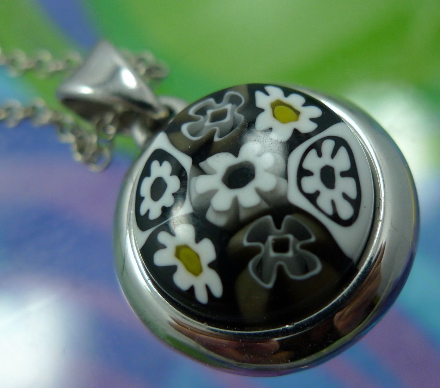 Pendant : Sterling 925 Black White & Yellow Alan K. Millefiori Glass NWOT Chain