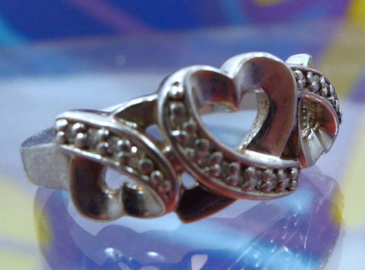 Size 7 Ring : Open Hearts Sterling 925 Silver Wedding Band w/ Chips signed "M"