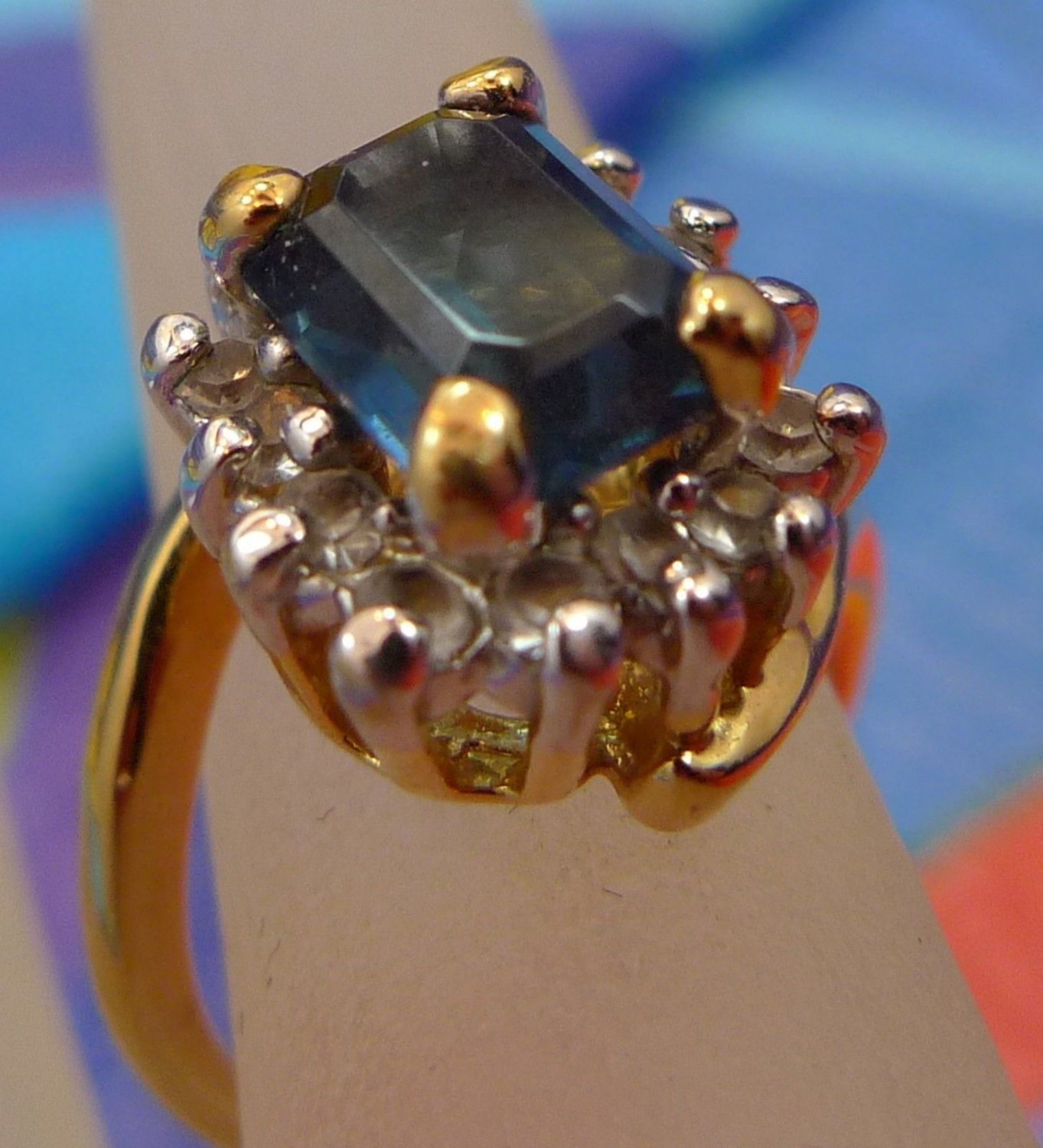 Size 4.5 Ring : Gold Vermeil over Sterling Rhinestones & Sapphire Blue Gemstone