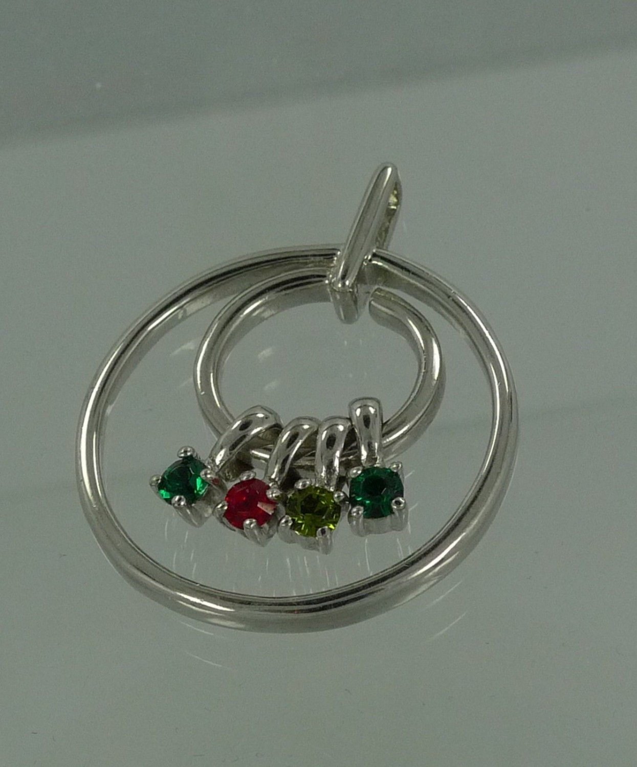 Vintage Sterling Mother's Circle Pendant W/ 4 Hanging Birth Stones Signed H
