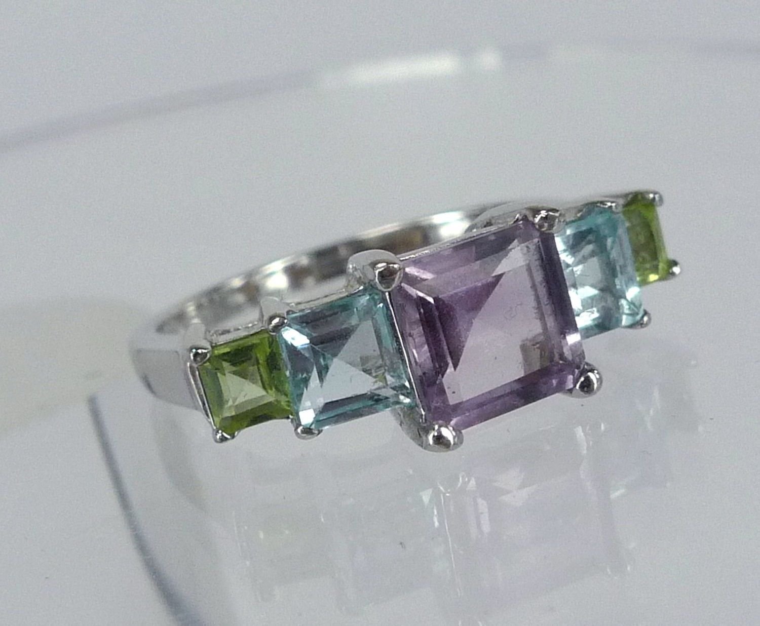 sz 6 RING Sterling Silver 5 Pastel Princess Cut Gemstones Amethyst Peridot Topaz