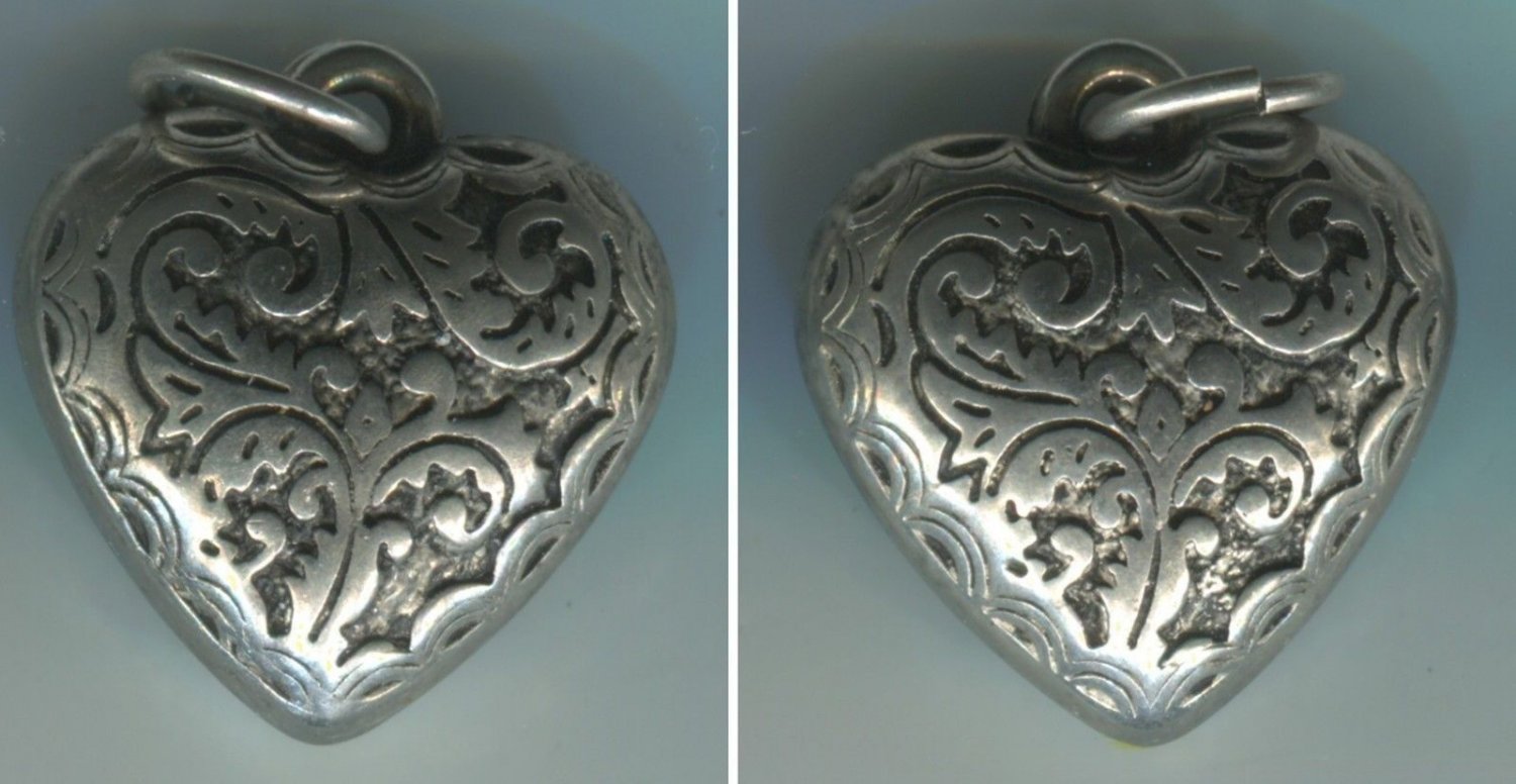 Vintage Detailed Art Nouveau Puffy Silver Heart Charm #19352