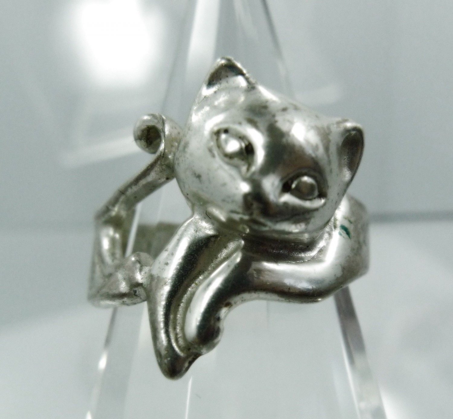 sz 6 Wrap Around Cat Ring (Bypass) Sterling 925 Silver Cat w/ Large Face Signed