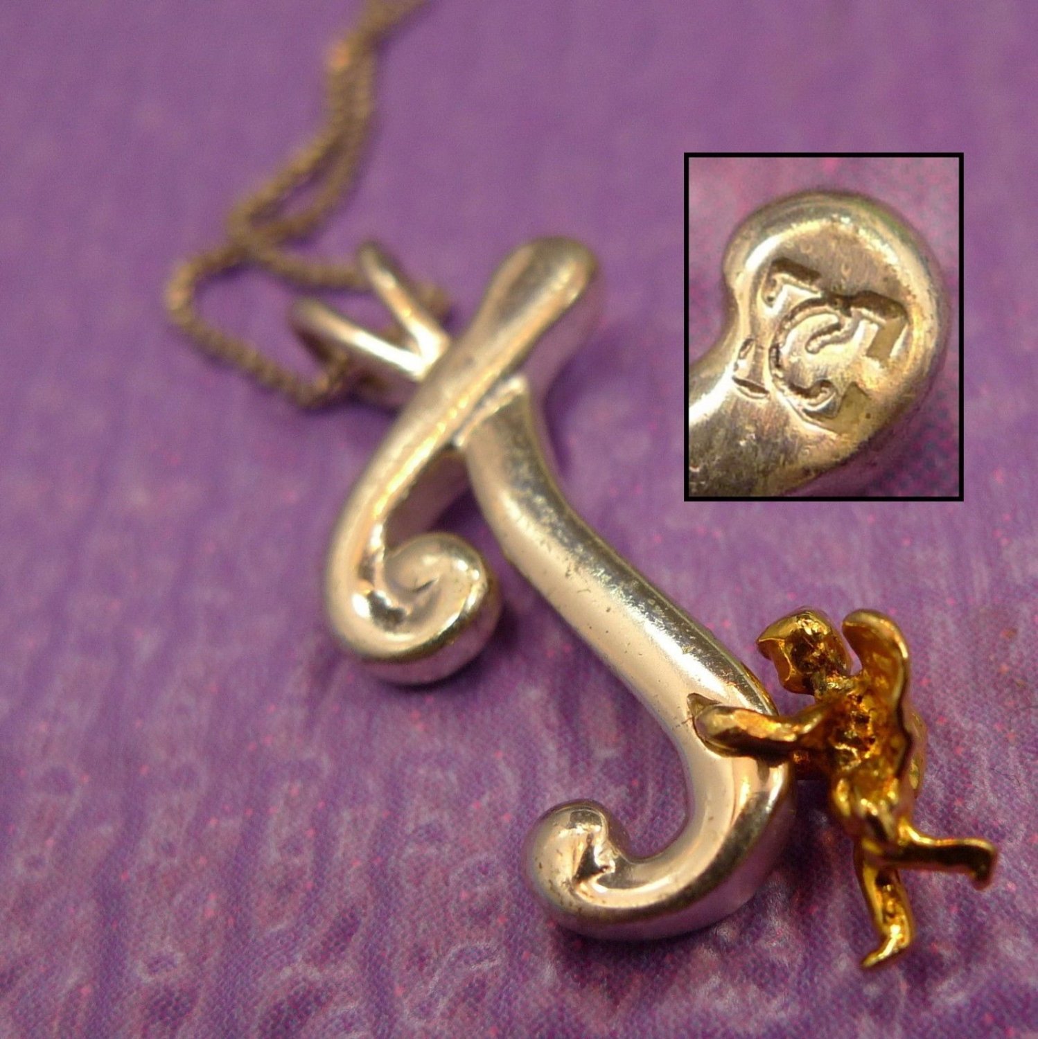 Signed Sterling Initial Pendant : Angel Holding Letter " J Or T " // 18" Chain