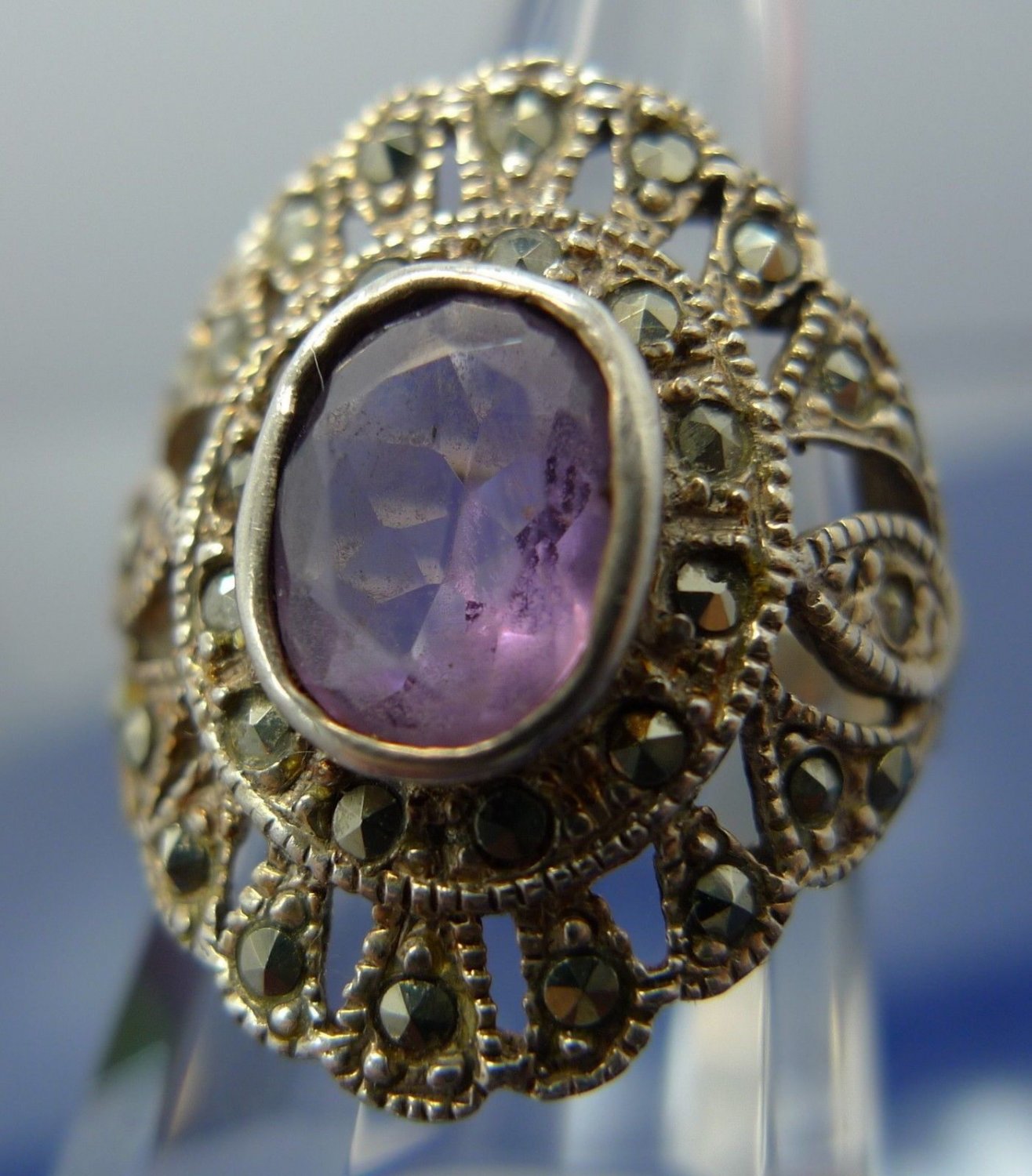 Size 6 Ring : Sterling silver Marcasite and Amethyst signed "GM" or "CM" Thai