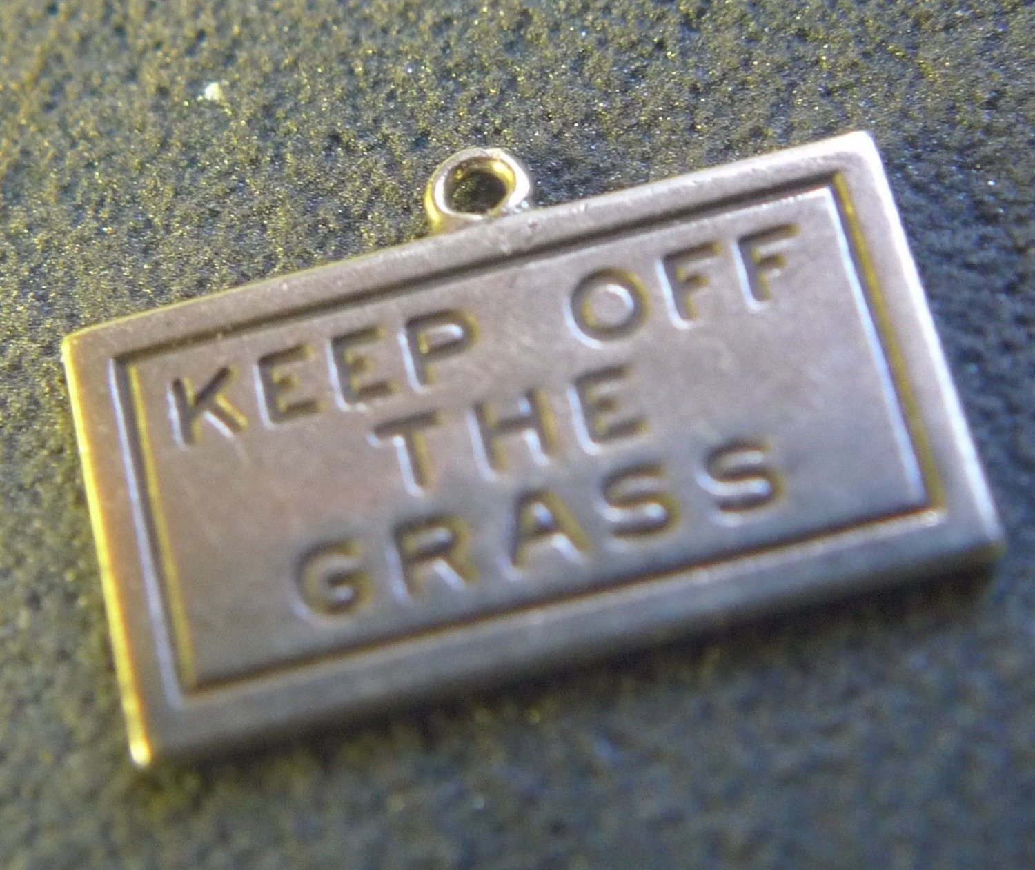 vintage CHARM : UNMARKED SILVER : READS "KEEP OF THE GRASS"