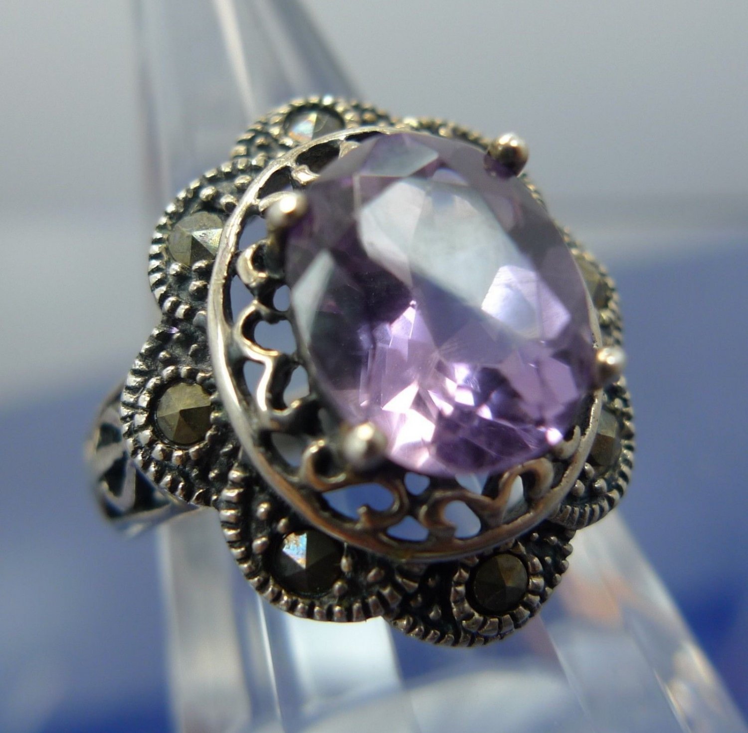 Size 7 Ring : Vintage Marcasite & Amethyst Set in Sterling signed T (in diamond)