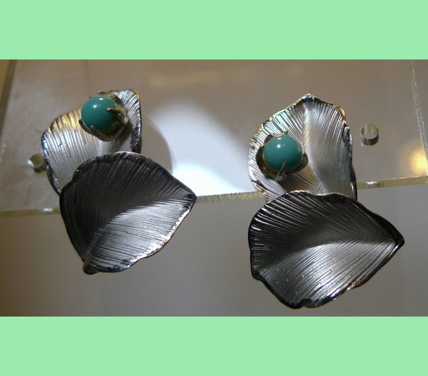 Sterling 925 Silver Leaf Clip Earrings W/ Turquoise Beads Signed PCH-LIND?