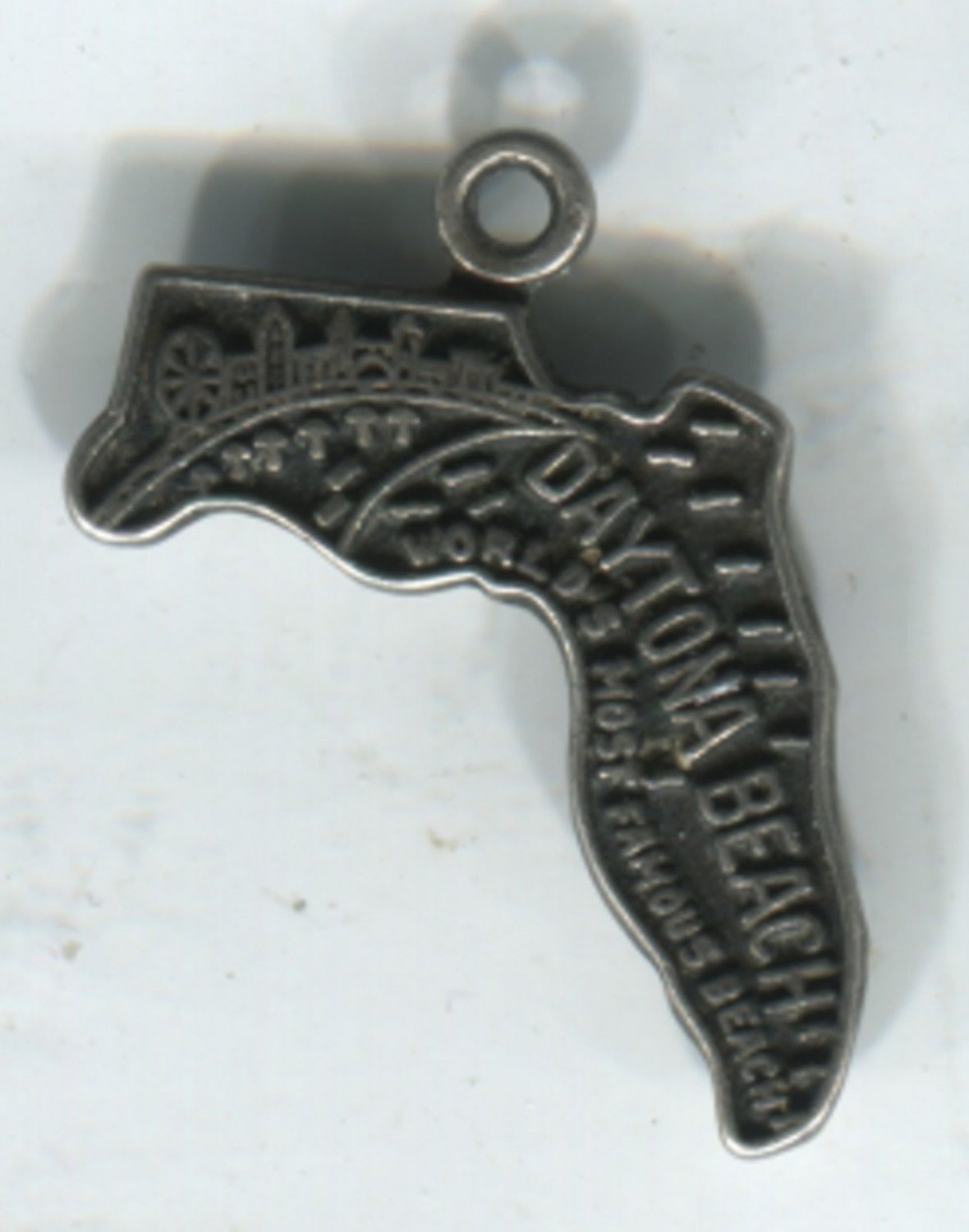 VINTAGE "F" STERLING SILVER FLORIDA MAP SOUVENIR CHARM #3 DAYTONA BEACH