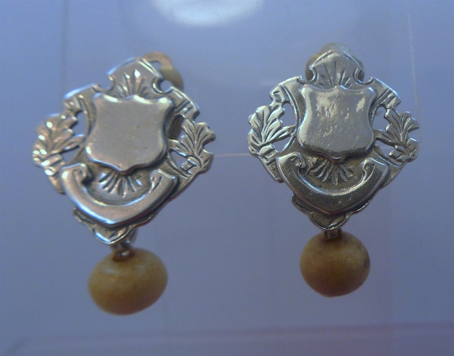Clip Earrings : Vintage Hand Made Silver Shield Or Crest Earrings w/ Bead