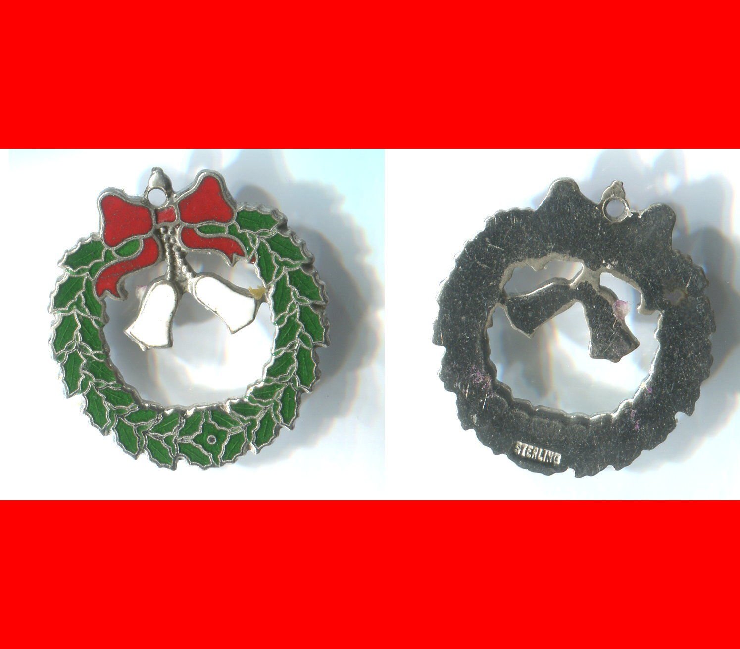 vintage CHARM : HOLIDAY CHRISTMAS WREATH - ENAMEL - GREEN WHITE RED - STERLING