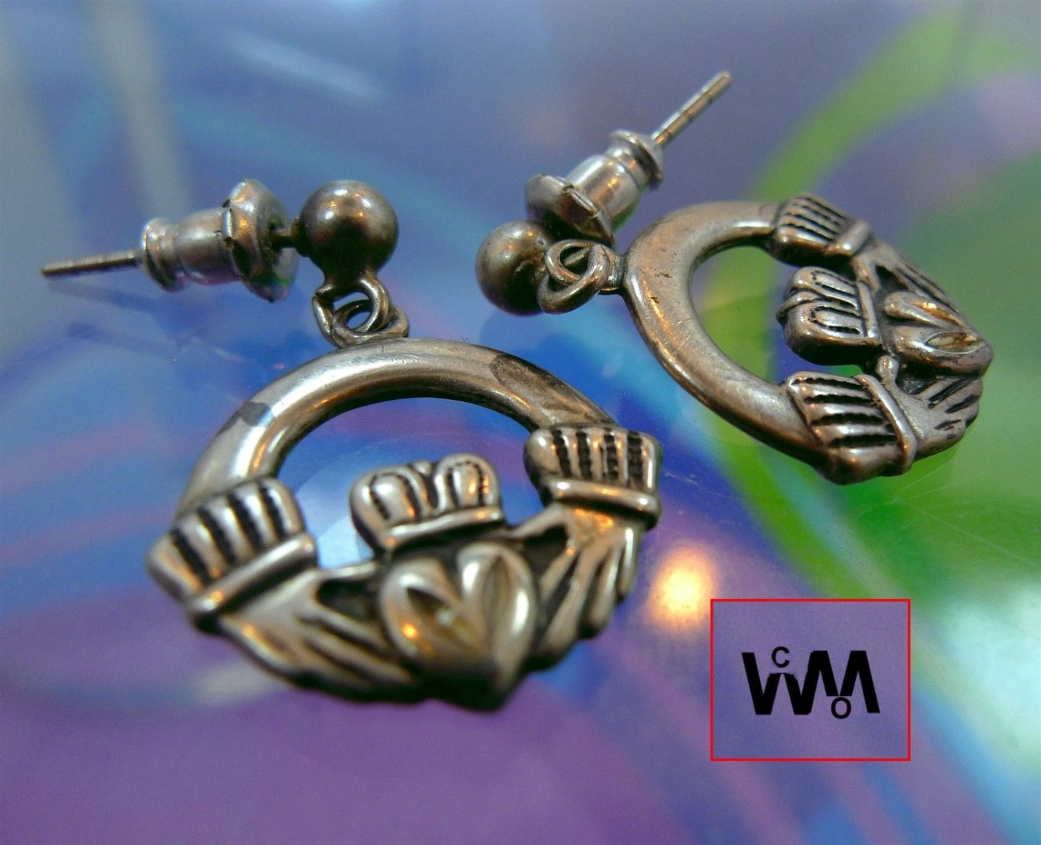 Vintage Dangling Claddagh Charm Post Earrings : Sterling Silver Signed WM Co