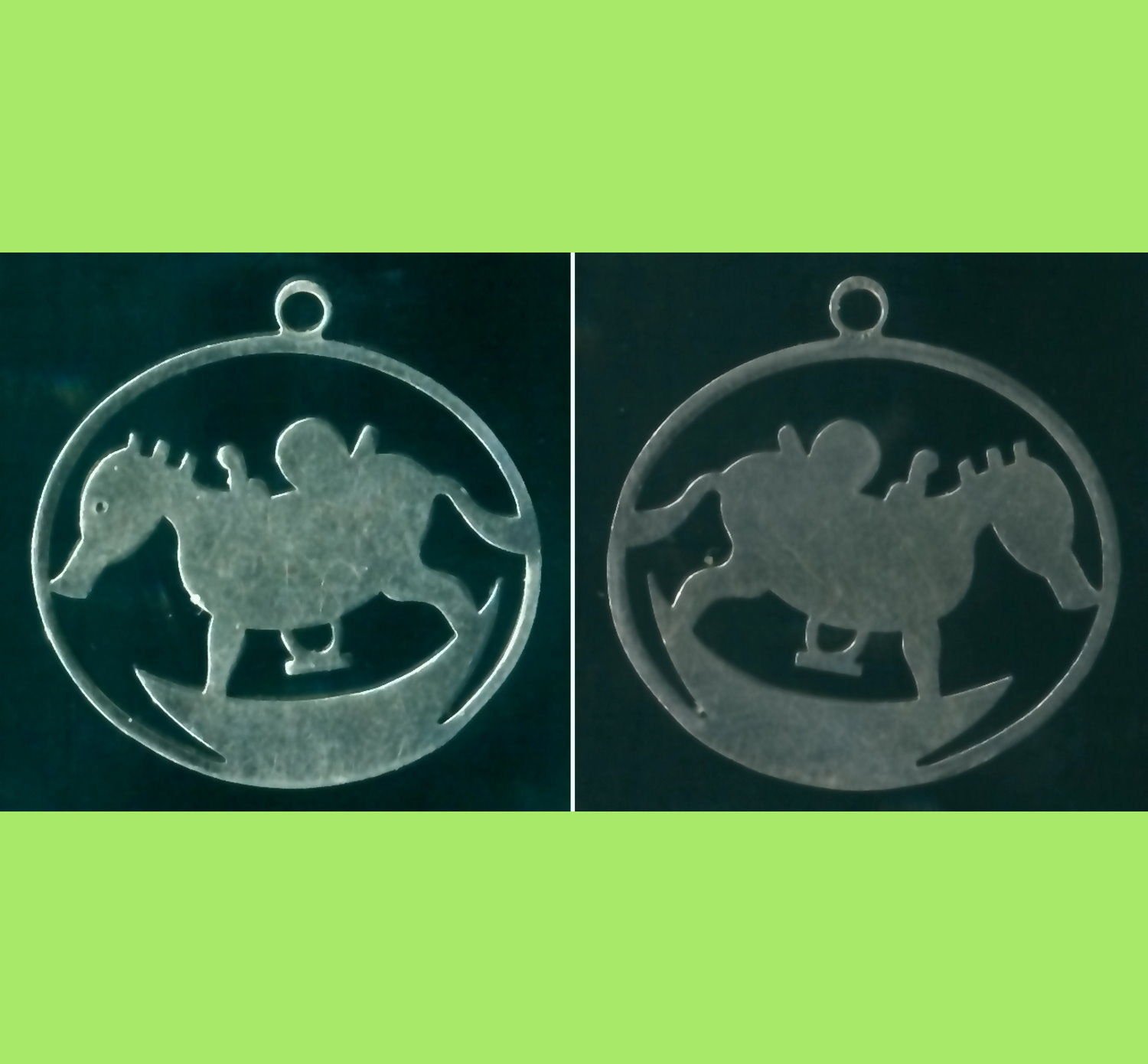 UNUSUAL LOOKING CHILD'S ROCKING SEAHORSE STENCIL CHARM signed JMS
