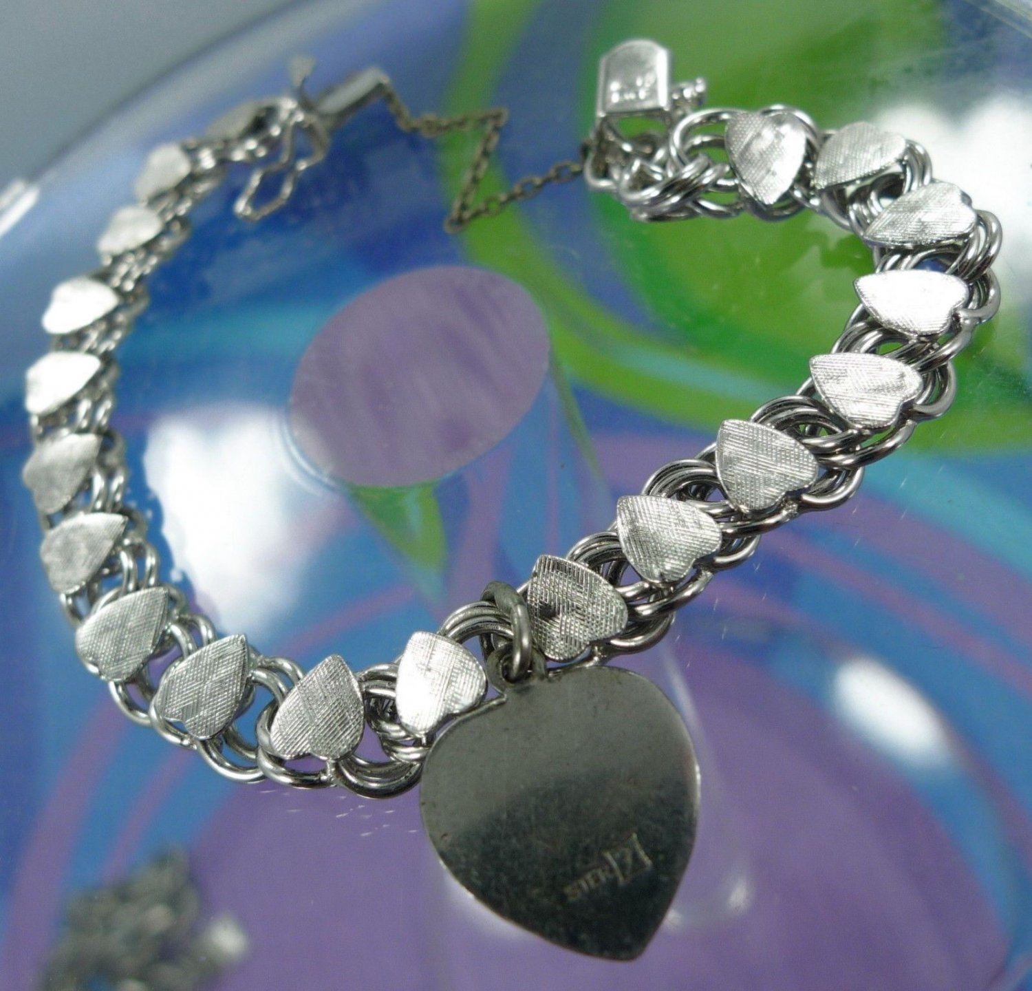 Sterling 925 Silver Heart Links 6.5 inch A.M. Charm Bracelet w/ Heart Charm