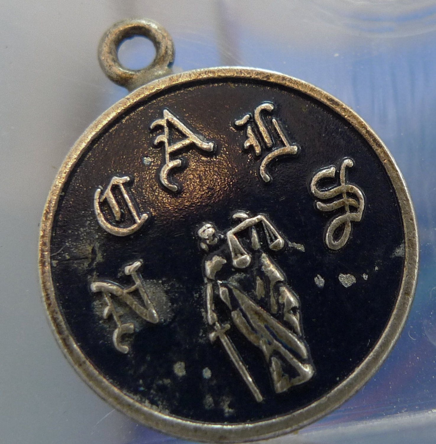 vintage CHARM : NCAIS OR NCAUS / JUSTICE / BLACK ENAMEL & STERLING signed B