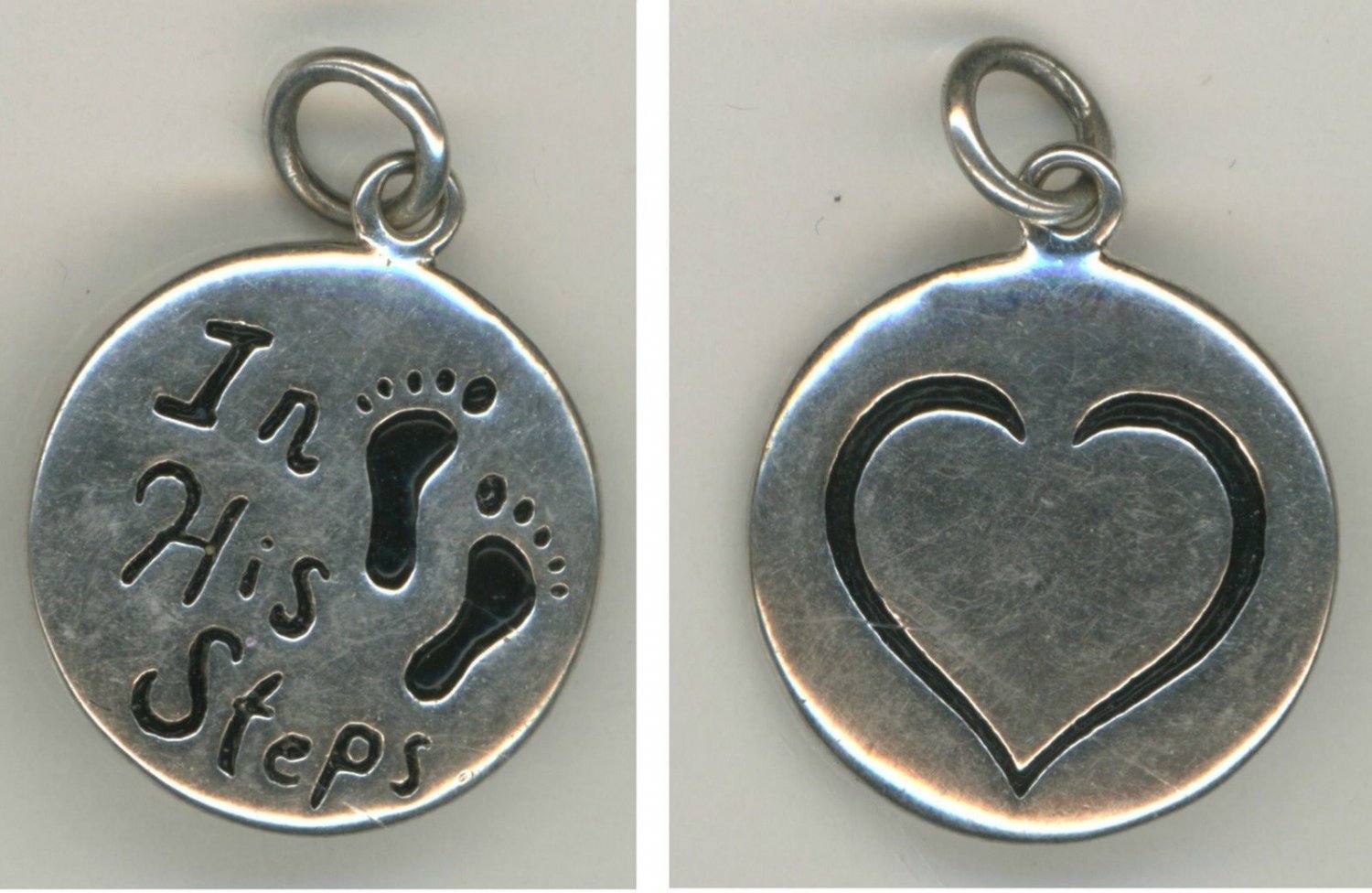 RELIGIOUS CHARM : 925 silver : " IN HIS STEPS " signed LA (LA-ROCKS) STERLING