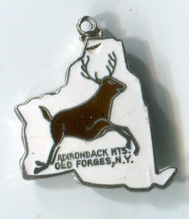 ADIRONDACK MTS OLD FORGES : Enamel & Sterling Silver Travel Souvenir Map Charm