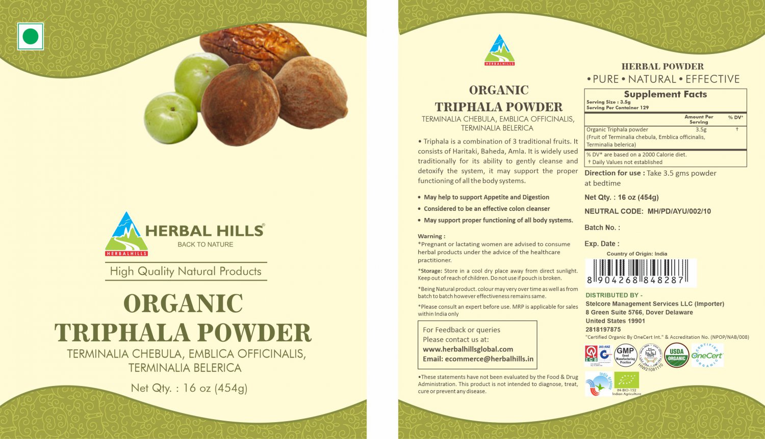 Herbal Hills Organic Triphala Powder Gms Oz