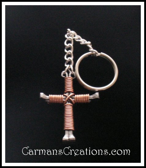 Copper Horseshoe Nail Cross Key Chain