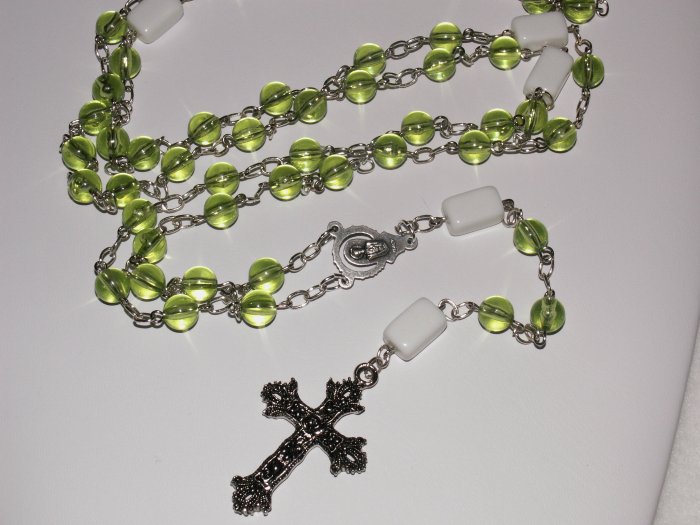 Green and White Glass Bead Rosary SRAJD