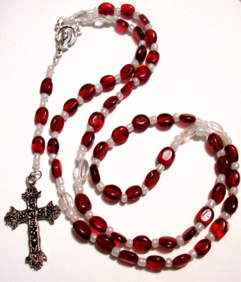 Red and White Glass Bead Rosary SRAJD