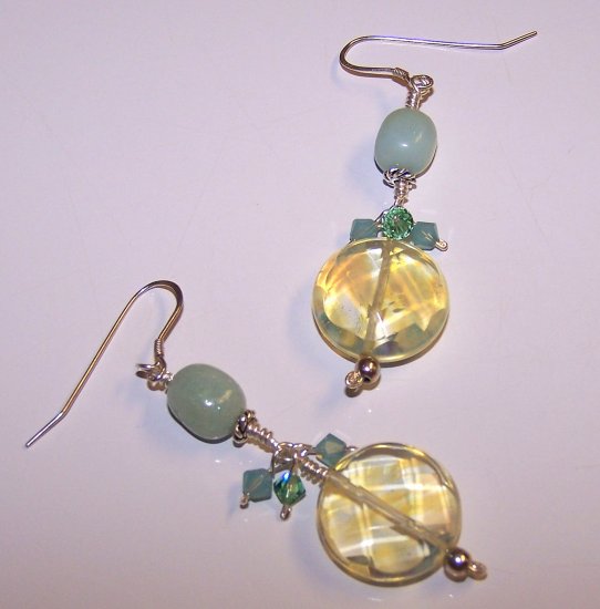 Amazonite and Faceted Lemon Quartz Earrings with Swarovski Crystal Cascade Earrings
