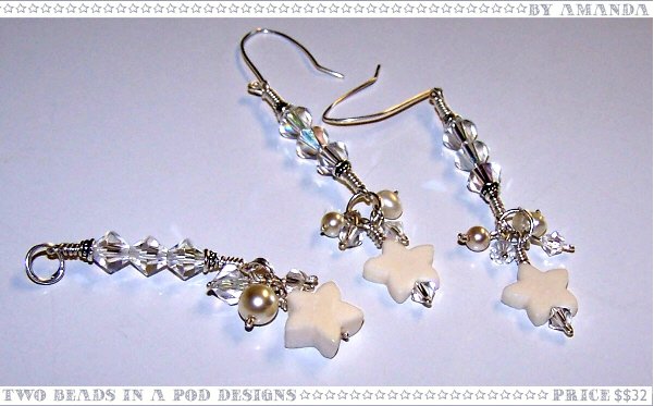 Moonlight Swarovski Crystals, Freshwater Pearls, and White Bone Stars Earrings and Pendant Set