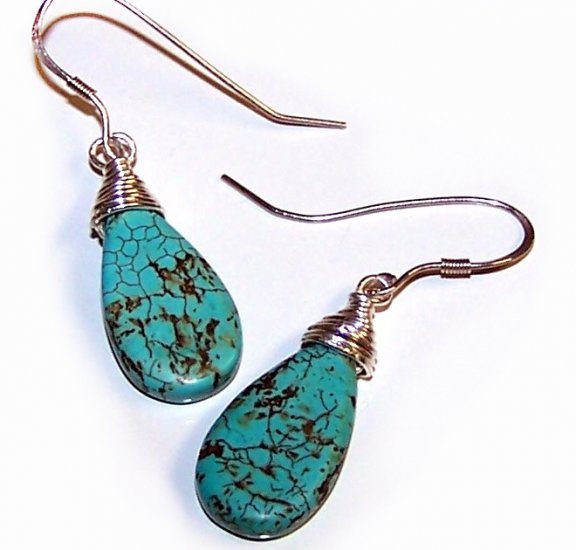 Turquoise Teardrop Briolette beads wire-wrapped with Sterling Silver Earrings