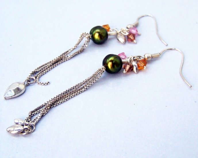 Whimsical Pearl, Swarovski Crystals, and Chain Earrings