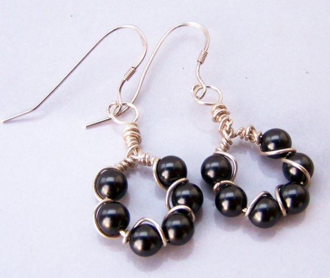 Sterling Silver wrapped Black Swarovski Pearl Loop Earrings