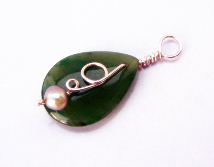 Green Jade Teardrop Coiled Vine and Pearl Pendant