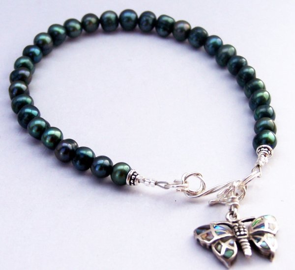 Lustrous Blue-Green Freshwater Pearl and Abalone Sterling Silver Butterfly Charm Bracelet