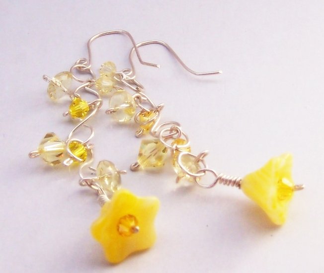 Yellow Glass Bell Flower, Swarovski Crystal, & Sterling Chain Earrings