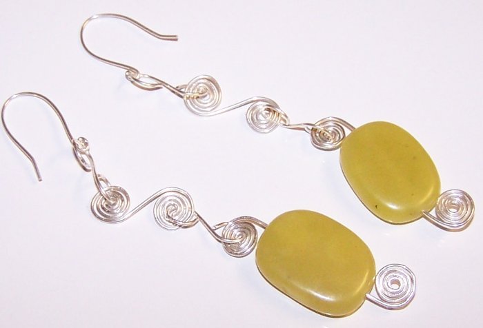 Olive Jade Nugget and Sterling Silver Coil Swirly Earrings