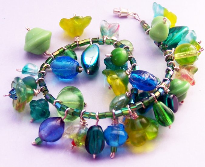 Green Blue Turquoise Glass Beads Assorted Charms Bracelet
