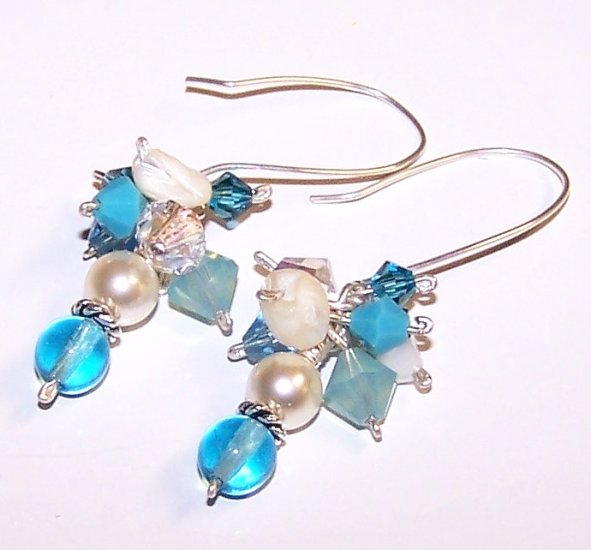 Aqua Czech Druks, Mother of Pearls, Swarovski Pearls & Crystals Earrings